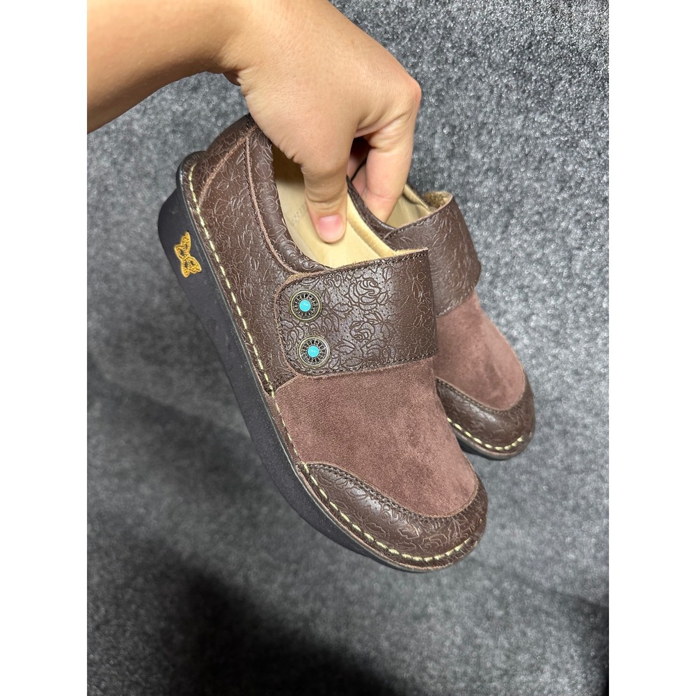 Alegria brown leather clog embossed suede cottage earthy Whimsygoth wide toe box